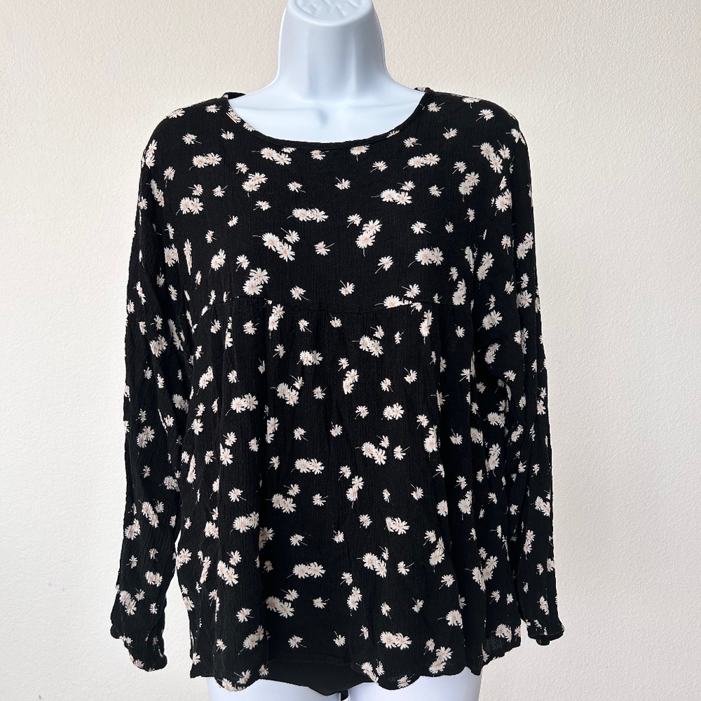 Veveret Babydoll Top Blouse Black Ivory Flowers Gauzy Balloon Sleeve Womens M